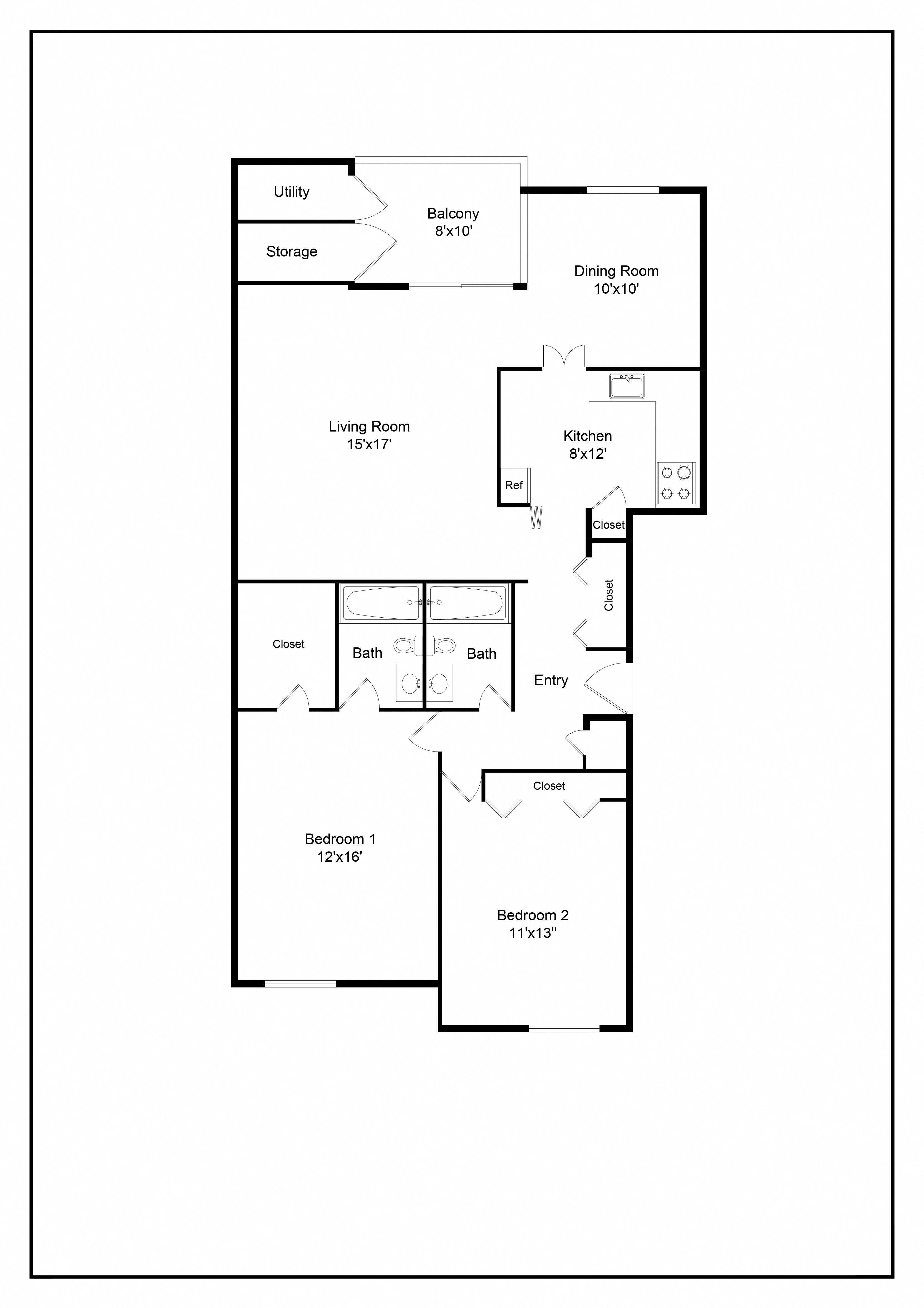 Floor plan for 2 beds, 2 baths, 1100 sqft